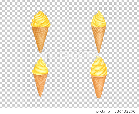 A set of delicious cold ice cream cones with sweet flavors such as chocolate, vanilla and strawberry, isolated on a white background. 130432270