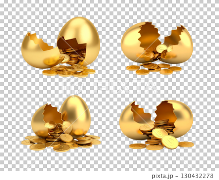 Golden eggs in nest with coins, perfect symbol of finance and business success isolated on white background. Golden eggs in nest with coins, perfect symbol of finance and business success isolated on white background. 130432278