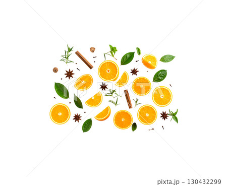Collection of fresh tropical fruits, oranges and festive Christmas decorations isolated on white background 130432299
