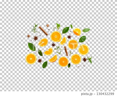 Collection of fresh tropical fruits, oranges and festive Christmas decorations isolated on white background 130432299