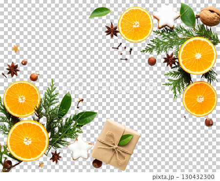 Collection of fresh tropical fruits, oranges and festive Christmas decorations isolated on white background 130432300