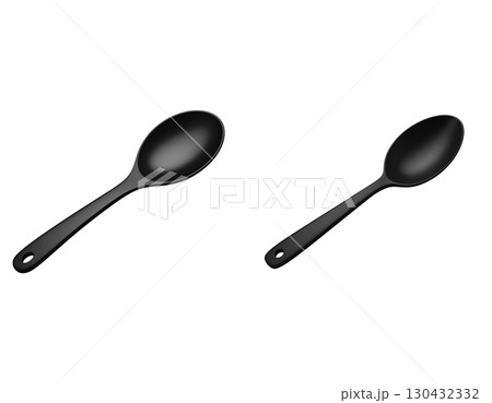 Silver metal kitchen utensils, including a spoon and fork, isolated on a white background Silver metal kitchen utensils, including a spoon and fork, isolated on a white background 130432332
