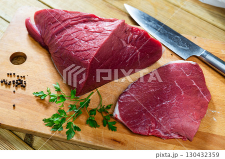 Raw beef veal meat steak tenderloin on board 130432359