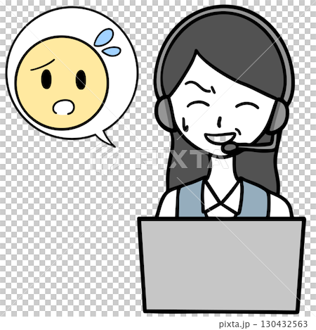 呼叫中心一位苦笑的女人和一位陷入困境的人 呼叫中心一位苦笑的女人和一位陷入困境的人 130432563