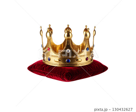 Golden crown adorned with diamonds, symbol of elegance, power and success, isolated on white background. 130432627