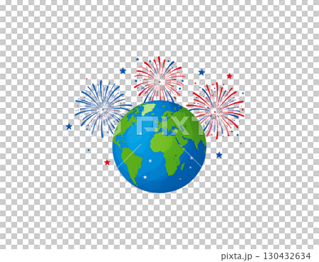 The world is decorated with a separate world map on a white background. 130432634