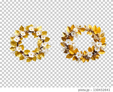 Golden laurel wreath frame with floral decoration and isolated illustration on white background. 130432641