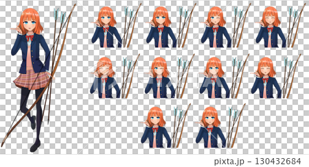 A lively female student character equipped with a bow and arrow, full-body anime-style standing illustration 130432684