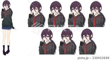 紫髪ミディアムヘアーの可愛い女子高生・学生キャラの全身立ち絵のアニメ・漫画イラスト 130432689