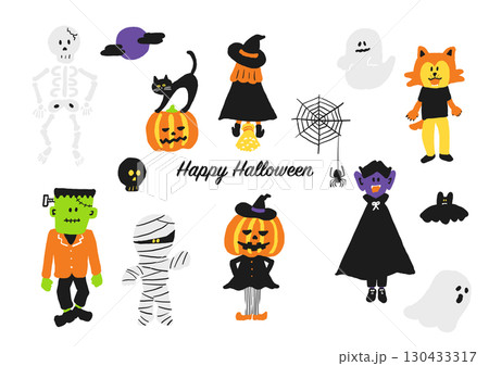 ハロウィンキャラクター手描き風イラストセット 130433317