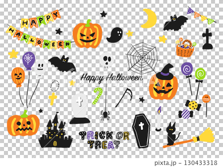 ハロウィンモチーフのかわいい手描き風イラストセット ハロウィンモチーフのかわいい手描き風イラストセット 130433318