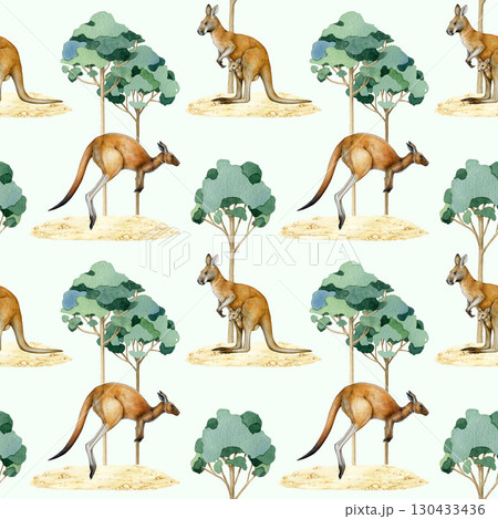 Kangaroo animals with gum trees landscape element hand drawn seamless pattern. Australia native marsupial mammals vintage style painted illustration. Cute kangaroos seamless pattern design 130433436