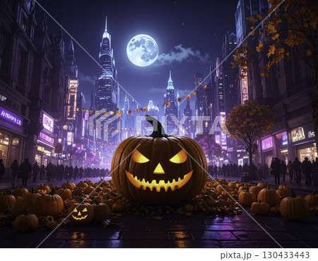 夜の街に光るジャックオーランタンとイルミネーション。幻想的で雰囲気のあるシーン。  130433443