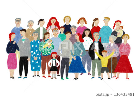 正面を向き笑顔で並ぶ手描き色鉛筆表現の多世代の人々 130433481