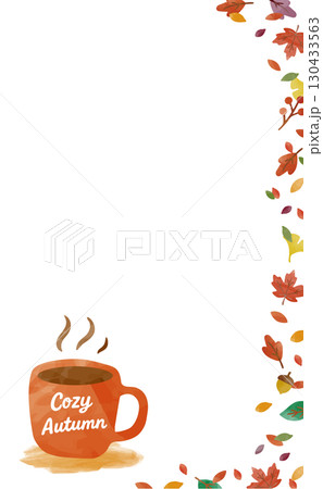 秋のフレーム_落ち葉とカフェラテのイラスト_縦 130433563