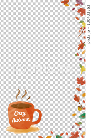 秋のフレーム_落ち葉とカフェラテのイラスト_縦 130433563