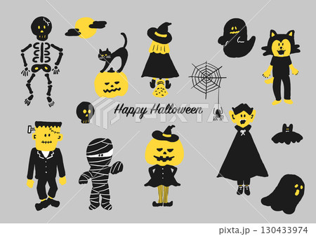 ハロウィンキャラクター手書き風イラストセット（イエロー・ブラック） 130433974