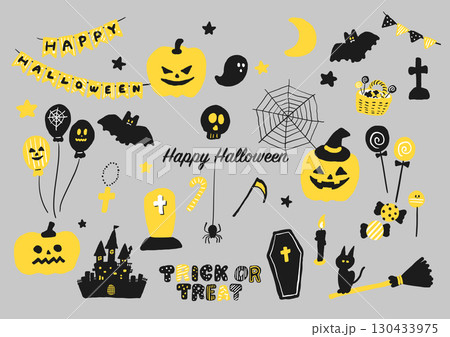 かわいいハロウィンの手描き風イラストセット（イエロー・ブラック） 130433975