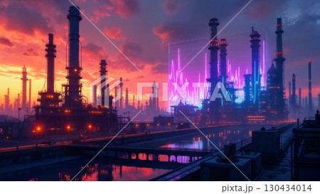 oil refinery with stock market chart at sunset, oil and gas industry concept oil refinery with stock market chart at sunset, oil and gas industry concept 130434014
