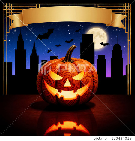 poster pumpkin jack o lantern on the background of the night city, empty space for text 130434015