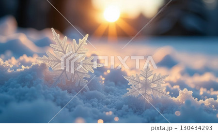 beautiful snowflakes on snow at sunset, christmas background beautiful snowflakes on snow at sunset, christmas background 130434293