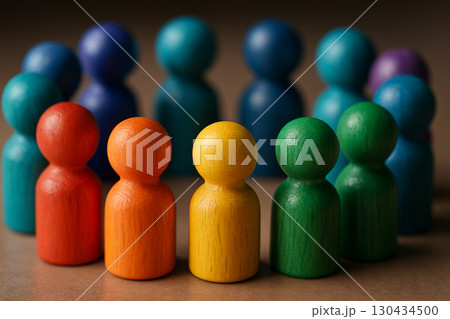 Wooden peg figures in rainbow colors forming a circle on dark surface representing collective inclusion and equity 130434500