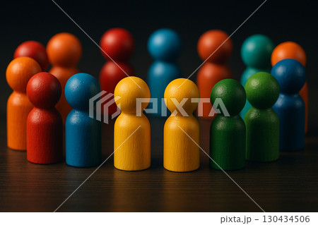 Multicolored wooden peg figures arranged in circle on dark background highlighting inclusion equity and diversity 130434506