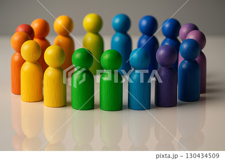 Wooden peg figures in multiple colors aligned in semi circle on white background symbolizing inclusivity equity. Wooden peg figures in multiple colors aligned in semi circle on white background symbolizing inclusivity equity. 130434509