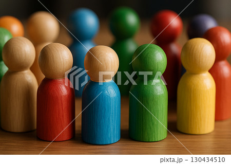 Close up of colorful wooden peg figures forming a united circle on dark surface symbolizing teamwork inclusion equity Close up of colorful wooden peg figures forming a united circle on dark surface symbolizing teamwork inclusion equity 130434510