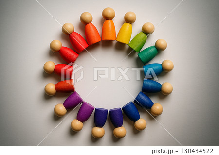 Circular formation of rainbow colored wooden peg figures on white surface symbolizing inclusion equity and diversity. 130434522