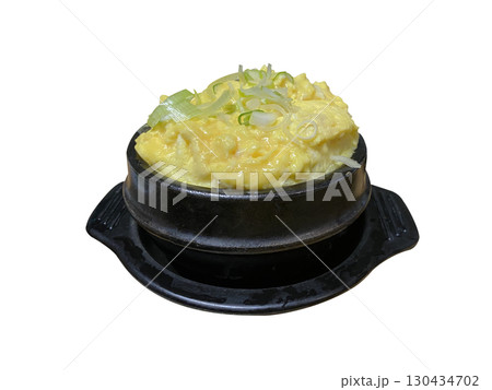 Soft Steamed Korean Egg Custard with Green Onion Garnish in Traditional Bowl 130434702