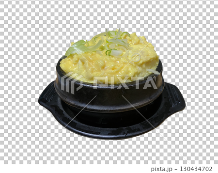 Soft Steamed Korean Egg Custard with Green Onion Garnish in Traditional Bowl 130434702