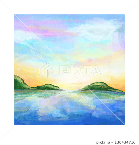 Sunset with colorful clouds at ocean landsacpe watercolor illustrastion 130434710