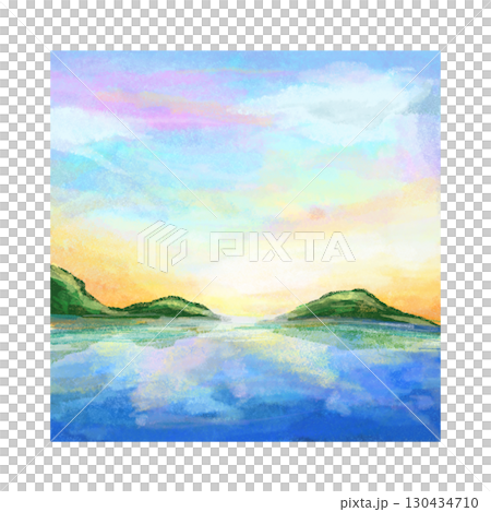 Sunset with colorful clouds at ocean landsacpe watercolor illustrastion 130434710