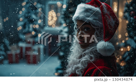 雪の街のサンタクロースの格好をした黒人女性 130434874