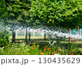 A stream of water from a hose. Watering plants in the summer heat 130435629