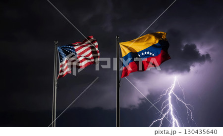 waving flags of venezuela and the united states against a dark stormy sky and lightning 130435640