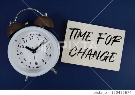 Time for Change text with alarm clock on blue background 130435674
