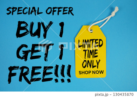 Buy 1 Get 1 Free!! special offer with price tag on blue background Buy 1 Get 1 Free!! special offer with price tag on blue background 130435870