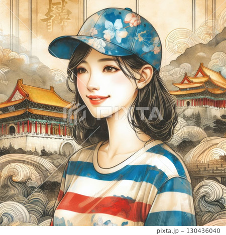 Asian girl travels in Taiwan with Generative AI. 130436040