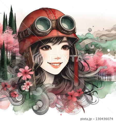 Taiwanese girl in Alishan forest railways with Generative AI. 130436074