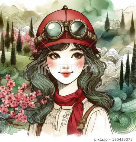Taiwanese girl in Alishan forest railways with Generative AI. 130436075