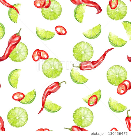 Hand-drawn illustration of a seamless pattern with vibrant red chili peppers and fresh lime slices scattered on a white background Hand-drawn illustration of a seamless pattern with vibrant red chili peppers and fresh lime slices scattered on a white background 130436475