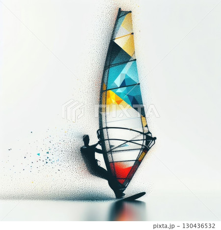 Windsurfing in colorful triangles illustration with Generative AI. Windsurfing in colorful triangles illustration with Generative AI. 130436532