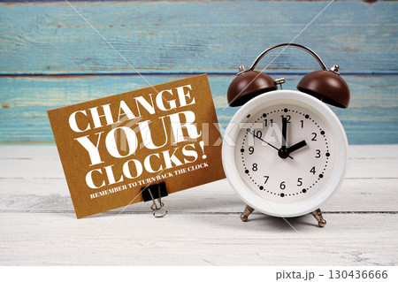 Change Your Clocks  text written on paper card with alarm clock on wooden background 130436666