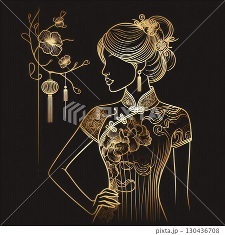 Elegant Golden Silhouette of a Woman in Traditional cheongsam with Generative AI. Elegant Golden Silhouette of a Woman in Traditional cheongsam with Generative AI. 130436708