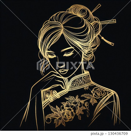 Elegant Golden Silhouette of a Woman in Traditional cheongsam with Generative AI. Elegant Golden Silhouette of a Woman in Traditional cheongsam with Generative AI. 130436709