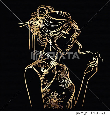 Elegant Golden Silhouette of a Woman in Traditional cheongsam with Generative AI. Elegant Golden Silhouette of a Woman in Traditional cheongsam with Generative AI. 130436710