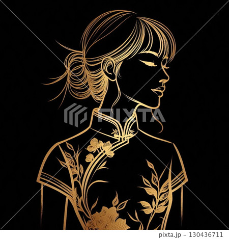 Elegant Golden Silhouette of a Woman in Traditional cheongsam with Generative AI. Elegant Golden Silhouette of a Woman in Traditional cheongsam with Generative AI. 130436711