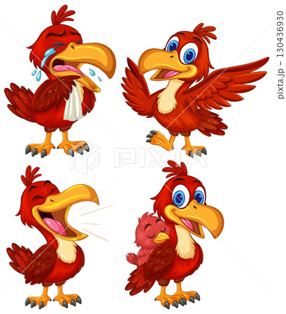 Cartoon Red Bird Expressing Emotions in Four Poses 130436930